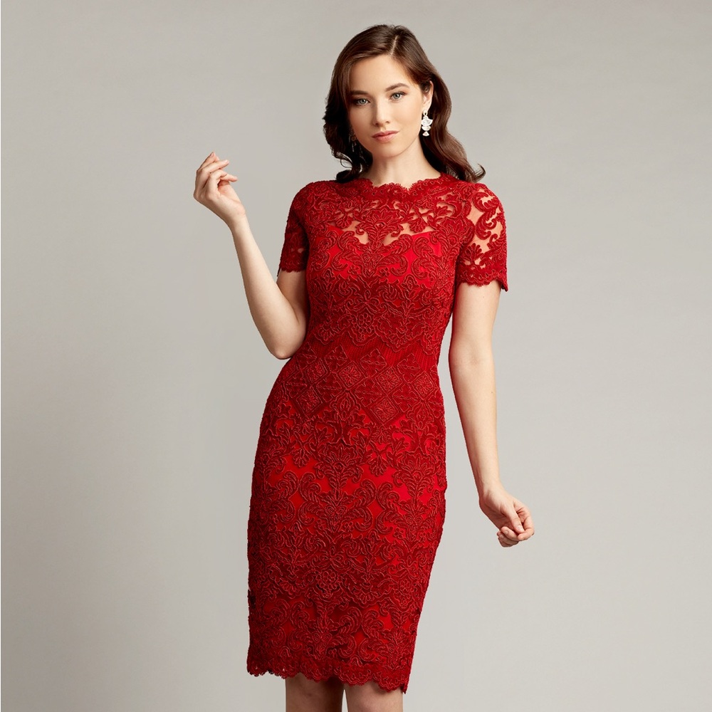 TADASHI SHOJI SILAS EMBROIDERED RED LACE DRESS